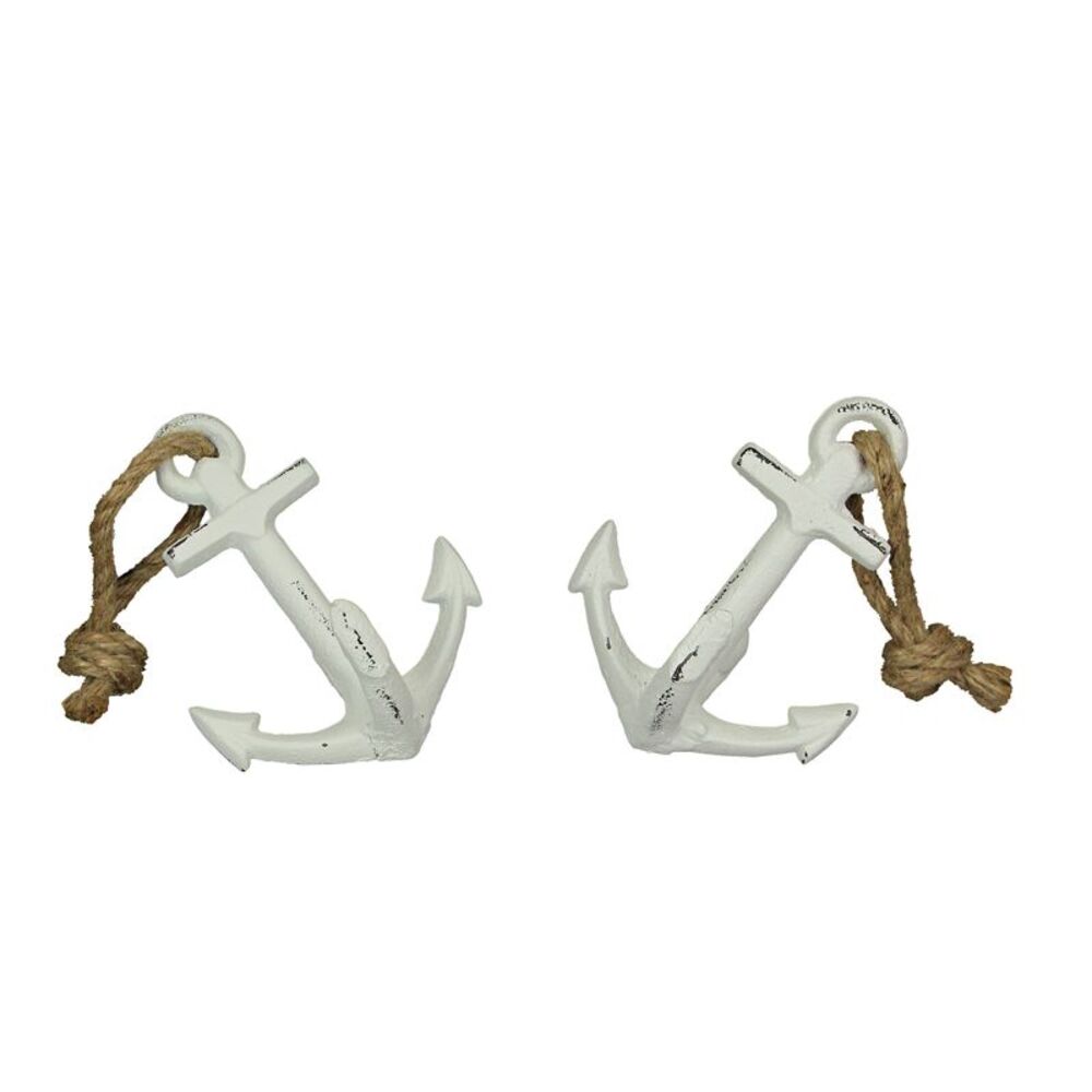 Set of 2 White Cast Iron Ship Anchor Bookends Nautical Home Decor Sculptures